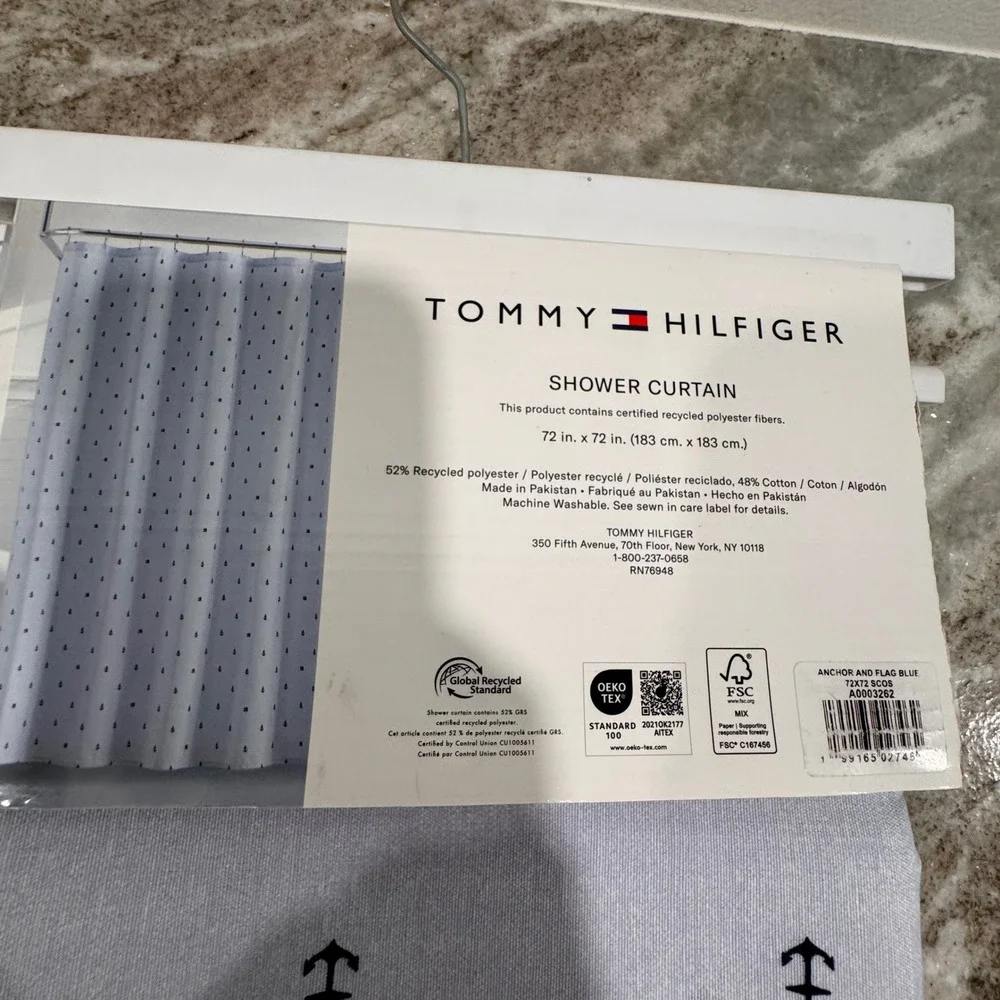 Tommy Hilfiger Shower Curtain Light Blue Nautical Anchor Flag 72x72 NEW